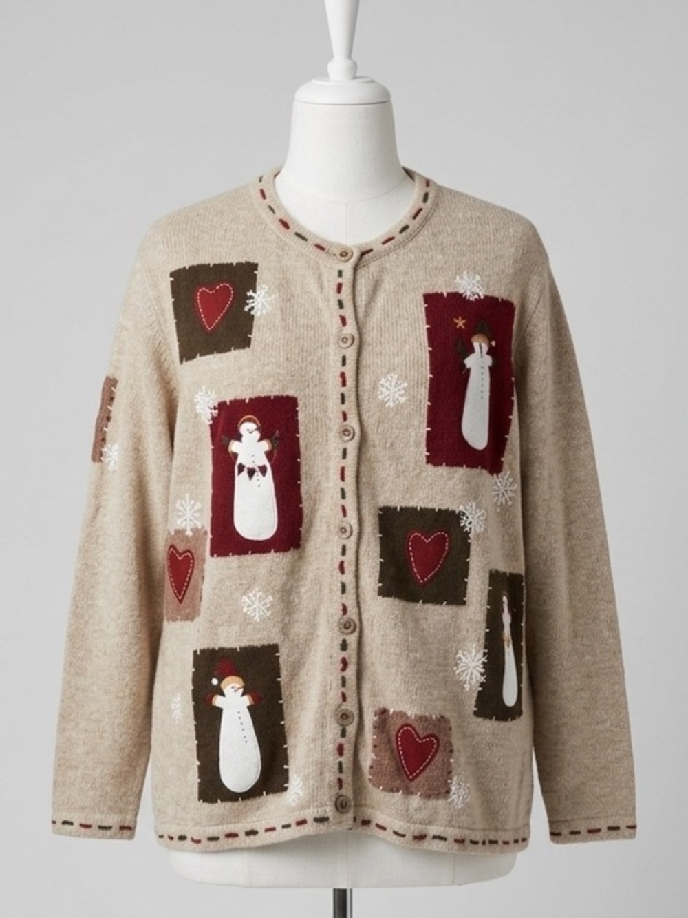 Croft & Barrow Vintage Snowman Hearts Knit Cardigan Sweater Size 1X Cozy Winter